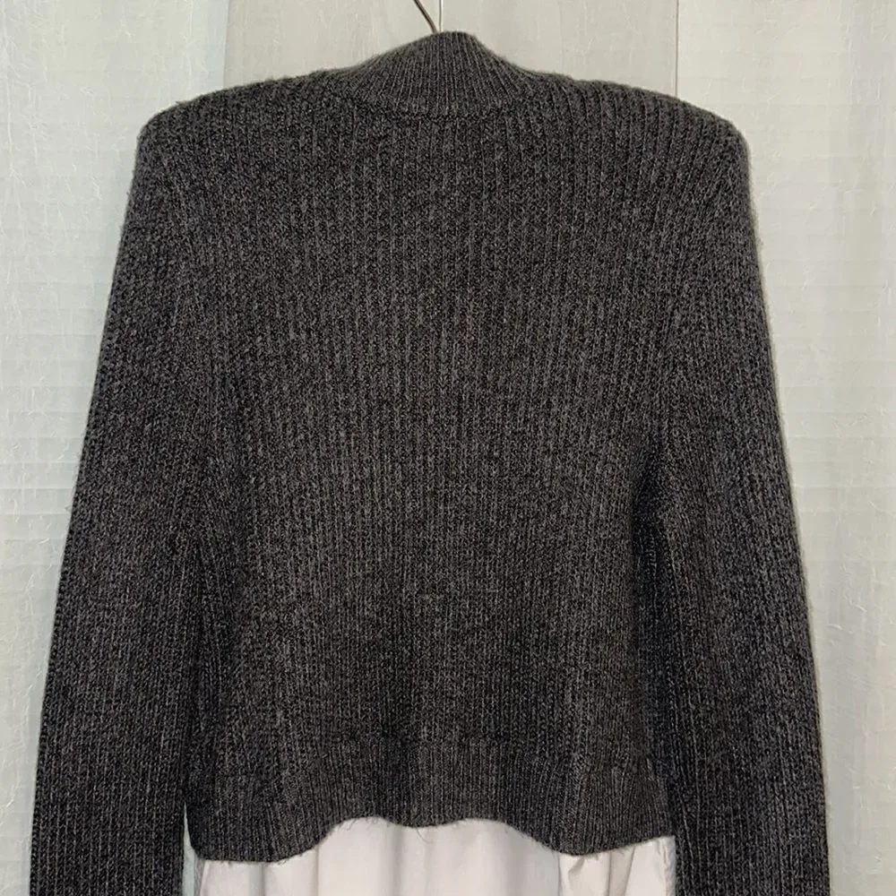 Halston M Charcoal Gray White Cotton Shirt Combo Knit Mock Neck Sweater